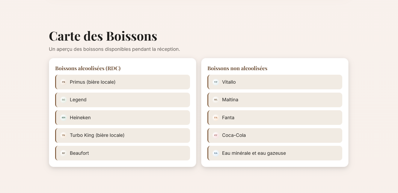 Carte des boissons